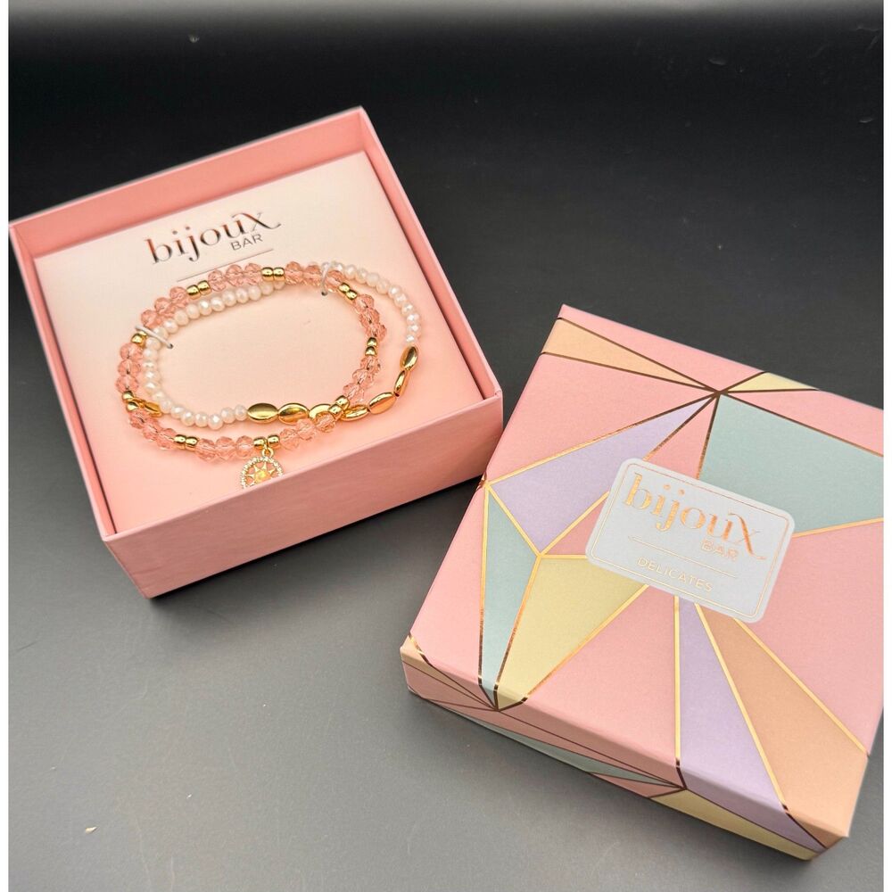 Bijoux Bar Delicates 2 pc Glass Beaded Bracelet Pink/Gold tone New Gift Box